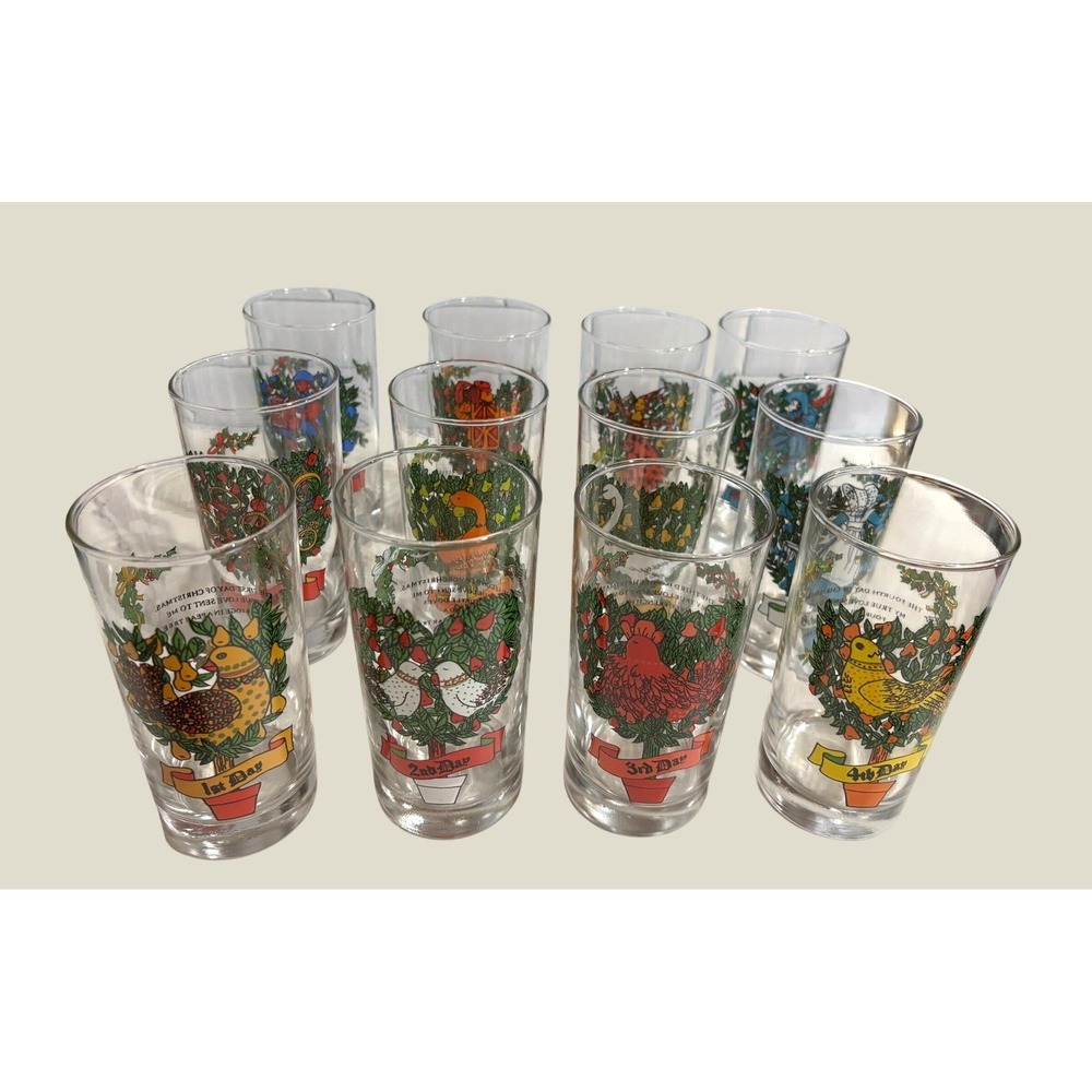Vintage 12‎ Days of Christmas Glassware Set 12 Holiday Tumblers Drinking Glasses
